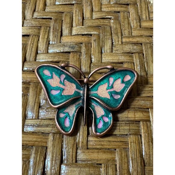 Vintage Copper Enamel Butterfly Brooch Pin Greens - Picture 1 of 6